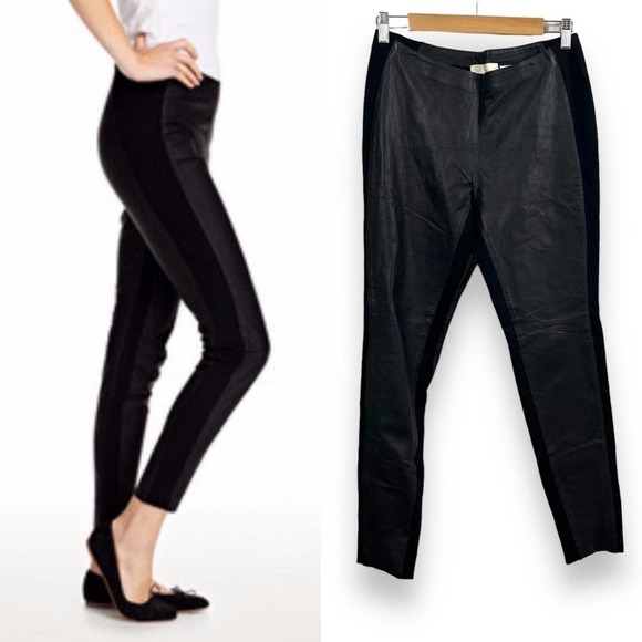 illia Pants Womens Medium Black Leather Ponte Knit Quiet Luxury Skinny Stretch - Picture 1 of 13